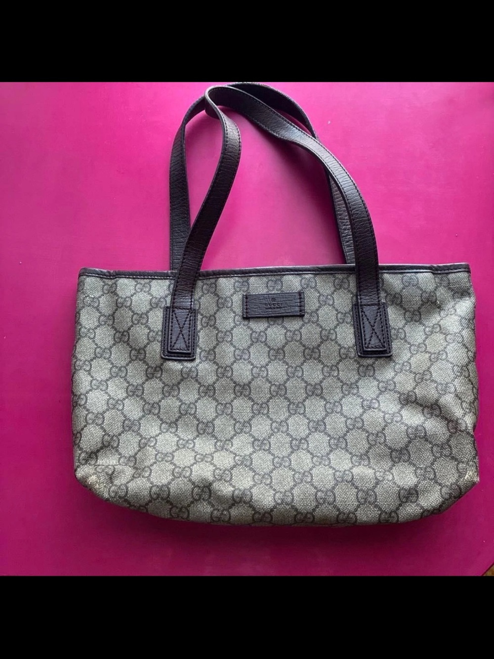 Gucci Beige GG Canvas Tote Bag with Brown Leather Trim